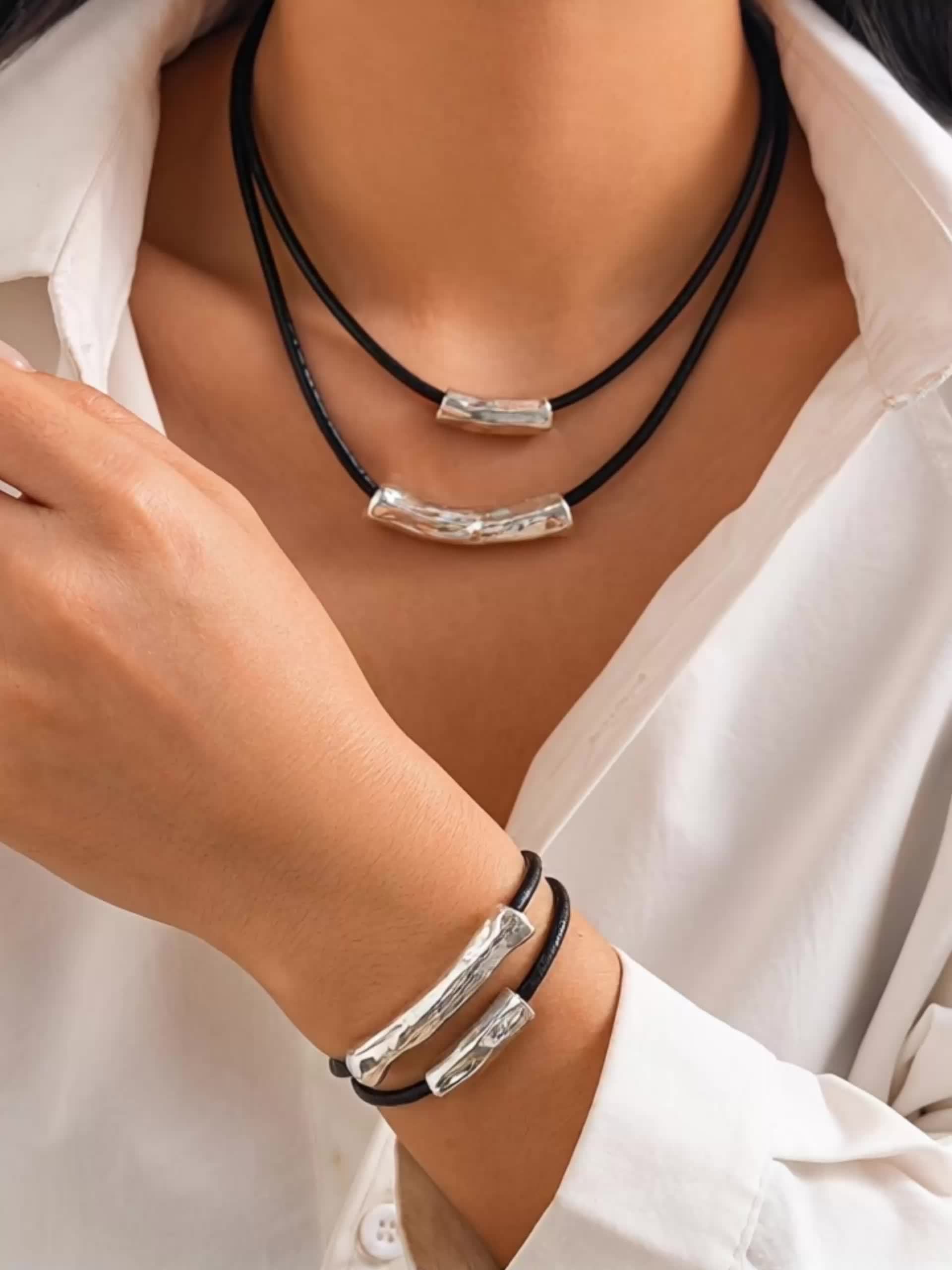 Retro Punk Style Beaded Necklace and Bracelet Set